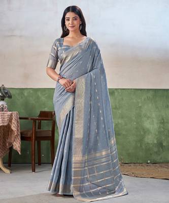 Soft linen cotton silk blend saree with gold zari weaving 1