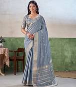 Soft linen cotton silk blend saree with gold zari weaving