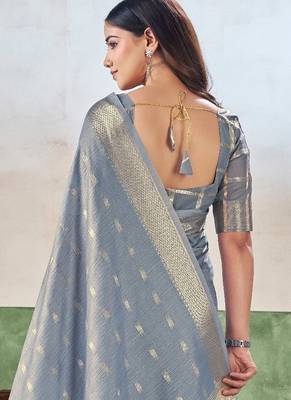 Soft linen cotton silk blend saree with gold zari weaving 2