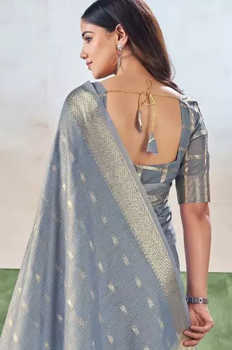 Soft linen cotton silk blend saree with gold zari weaving