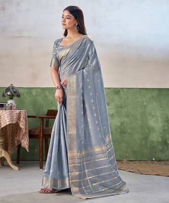 Soft linen cotton silk blend saree with gold zari weaving 4