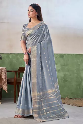 Soft linen cotton silk blend saree with gold zari weaving