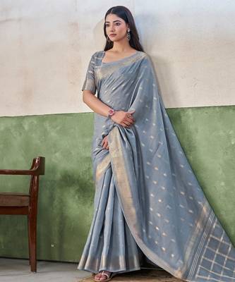 Soft linen cotton silk blend saree with gold zari weaving 5
