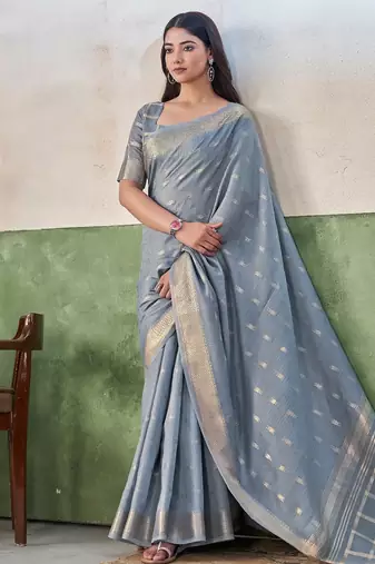 Soft linen cotton silk blend saree with gold zari weaving