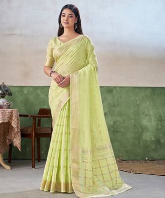 Soft linen cotton silk blend saree with gold zari weaving 1