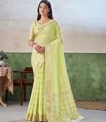Soft linen cotton silk blend saree with gold zari weaving
