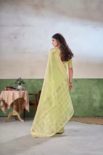 Soft linen cotton silk blend saree with gold zari weaving