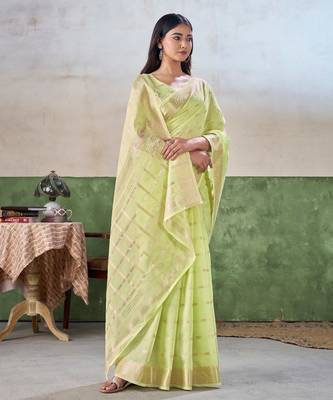 Soft linen cotton silk blend saree with gold zari weaving 3