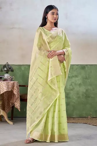 Soft linen cotton silk blend saree with gold zari weaving