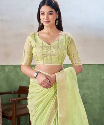 Soft linen cotton silk blend saree with gold zari weaving 4
