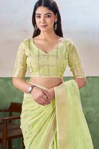 Soft linen cotton silk blend saree with gold zari weaving