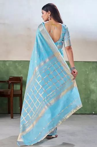 Soft linen cotton silk blend saree with gold zari weaving