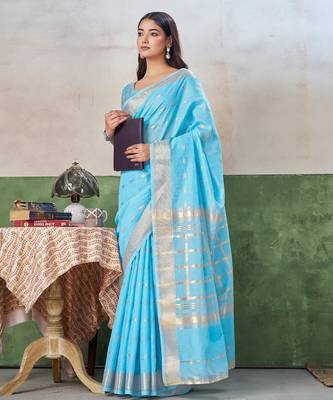 Soft linen cotton silk blend saree with gold zari weaving 4