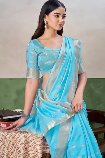 Soft linen cotton silk blend saree with gold zari weaving