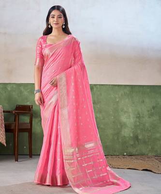Soft linen cotton silk blend saree with gold zari weaving 1