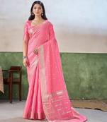 Soft linen cotton silk blend saree with gold zari weaving