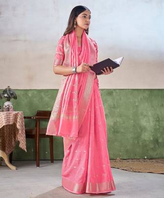 Soft linen cotton silk blend saree with gold zari weaving 2