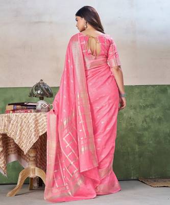 Soft linen cotton silk blend saree with gold zari weaving 5