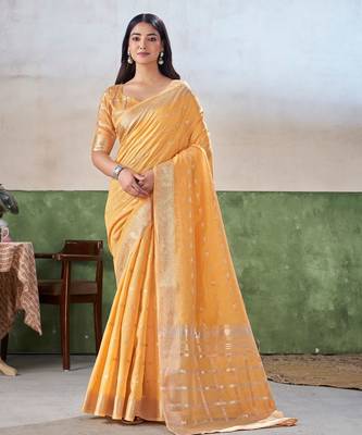 Soft linen cotton silk blend saree with gold zari weaving 1