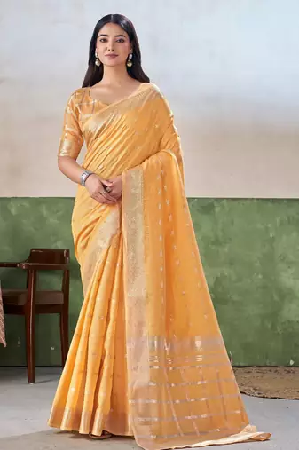 Soft linen cotton silk saree with gold zari weaving | elegant party & wedding wear saree