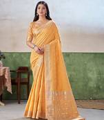 Soft linen cotton silk blend saree with gold zari weaving