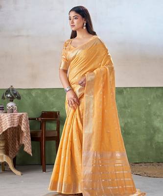 Soft linen cotton silk blend saree with gold zari weaving 2