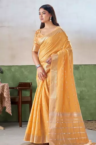 Soft linen cotton silk blend saree with gold zari weaving