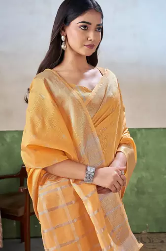 Soft linen cotton silk blend saree with gold zari weaving