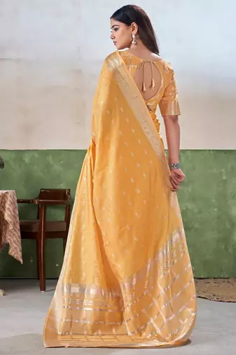 Soft linen cotton silk blend saree with gold zari weaving