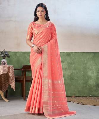 Soft linen cotton silk blend saree with gold zari weaving 1