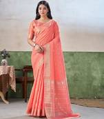 Soft linen cotton silk blend saree with gold zari weaving
