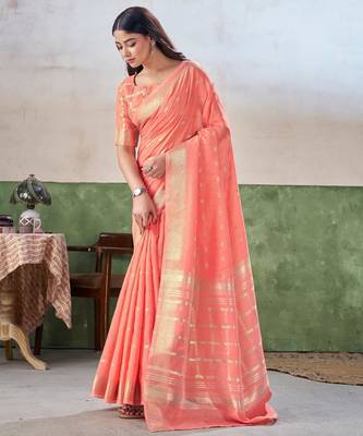 Soft linen cotton silk blend saree with gold zari weaving 2