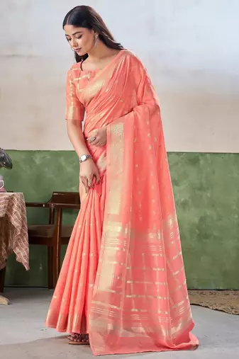 Soft linen cotton silk blend saree with gold zari weaving