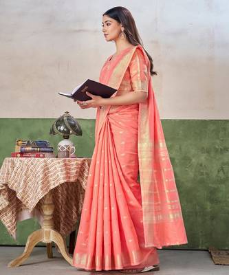Soft linen cotton silk blend saree with gold zari weaving 3