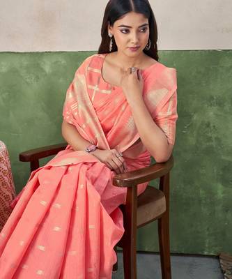 Soft linen cotton silk blend saree with gold zari weaving 4