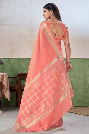 Soft linen cotton silk blend saree with gold zari weaving