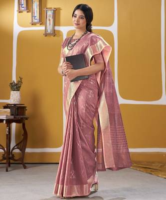 Soft linen cotton silk blend saree with gold zari weaving 1