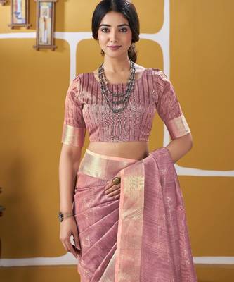 Soft linen cotton silk blend saree with gold zari weaving 2