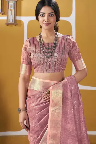 Soft linen cotton silk blend saree with gold zari weaving