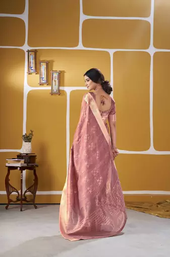 Soft linen cotton silk blend saree with gold zari weaving