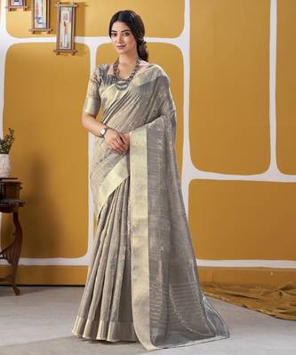 Soft linen cotton silk blend saree with gold zari weaving 1