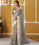 Soft linen cotton silk blend saree with gold zari weaving