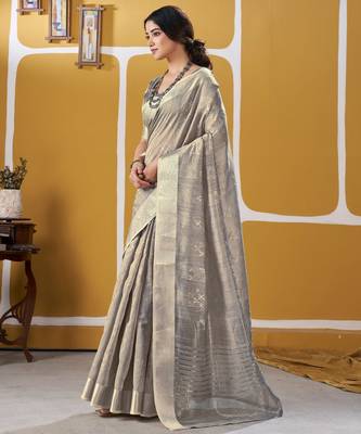 Soft linen cotton silk blend saree with gold zari weaving 2