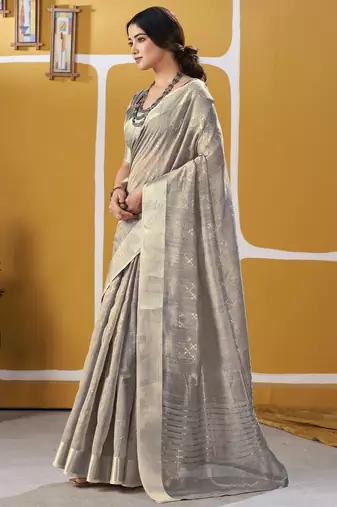 Soft linen cotton silk blend saree with gold zari weaving