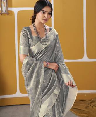 Soft linen cotton silk blend saree with gold zari weaving 3