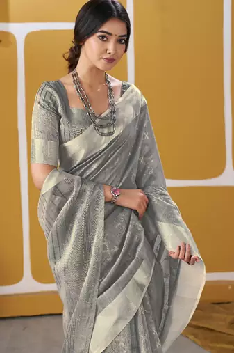 Soft linen cotton silk blend saree with gold zari weaving