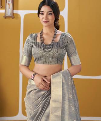 Soft linen cotton silk blend saree with gold zari weaving 4