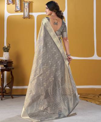 Soft linen cotton silk blend saree with gold zari weaving 5