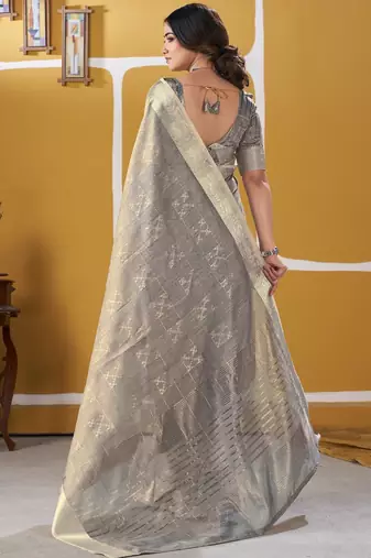 Soft linen cotton silk blend saree with gold zari weaving
