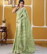 Soft linen cotton silk blend saree with gold zari weaving